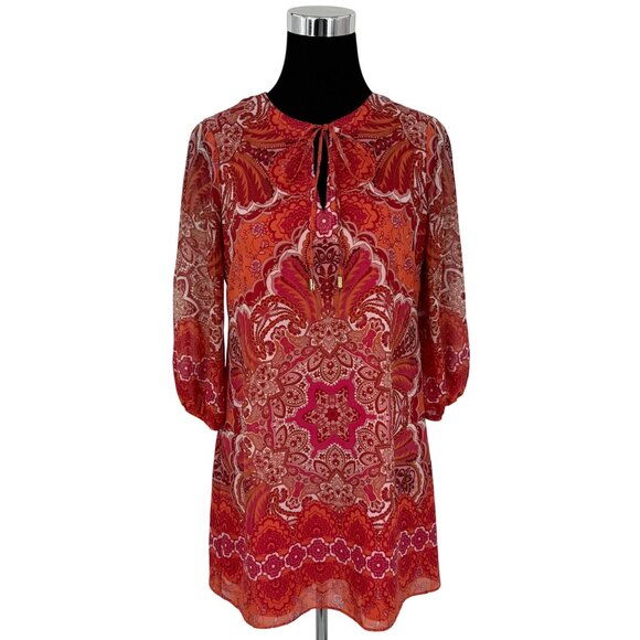Vince Camuto Chiffon Tie-Neck Balloon Sleeve Paisley Casual Boho Mini Dress 4 S - Picture 2 of 16